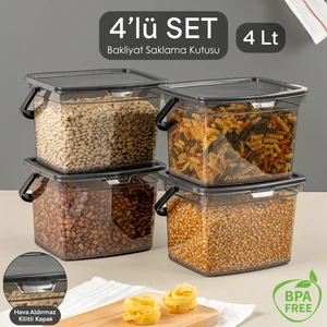 Meleni Home 4 Parça Deterjan , Un ve Bakliyat Saklama Kabı-Erzak Saklama Kutusu Platin 4 x 4 Lt