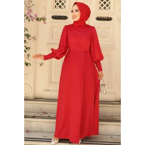 Neva Style Balon Kol Kırmızı Tesettür Saten Abiye Elbise 61031K