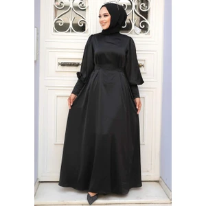 Neva Style Balon Kol Siyah Tesettür Saten Abiye Elbise 61031S