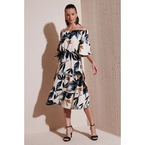 Yaprak Desenli Carmen Yaka Midi Elbise Kadın Elbise 5865053