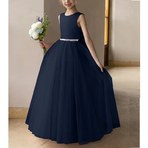 Lacivert Incili ve Saten Fiyonklu Tül Balo Elbisesi/prenses Elbise