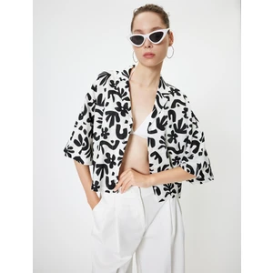 Crop Gömlek Keten Karışımlı Kısa Kollu Etnik Detaylı Devrik Yaka Düğmeli