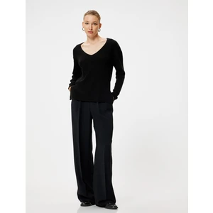 V Yaka Triko Kazak Kalça Boy Uzun Kollu Fitilli