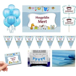 Parti Mira Bebek Odası Süsleme Seti Mavi 50x33 cm 10 Adet Balon ve 2 Metre İsme Özel Flama
