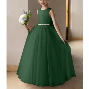 Zümrüt Yeşil Incili ve Saten Fiyonklu Tül Balo Elbisesi/prenses Elbise