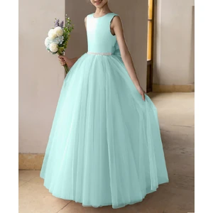 Mint Yeşili Incili ve Saten Fiyonklu Tül Balo Elbisesi/prenses Elbise