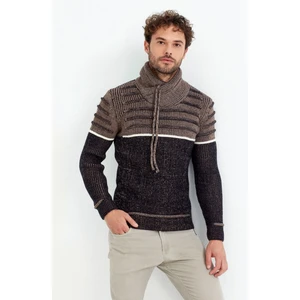 Tarz Cool Kahverengi/laci Şal Yaka Gögüs Çizgili Triko Kazak