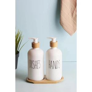 Cam ve Bambu Mutfak Sıvı Sabunluk Seti Beyaz Darbeye Dayanıklı Dekoratif 2 x 500 ml
