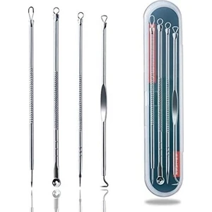 4 Parça Kutulu Paslanmaz Çelik Siyah Nokta Temizleme Komedon Aleti Gümüş Renk