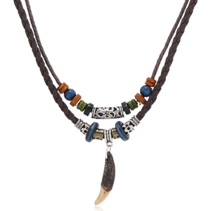 Doğal Tibet 3-4cm Kurt Dişi Muska Kolye Brown Ayarlı Boğma Ip