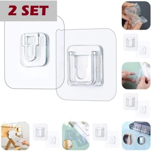 2li Set Çift Taraflı Yapışkanlı Geçmeli Klips Eşya Sabitleme Askısı Şeffaf Duvar Kancası