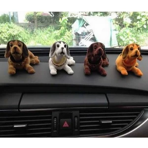 3 Adet Birlikte Set - Araç Torpido Üstü Kafa Sallayan Köpek Seti 14X7X7 cm Kahverengi Beyaz Turuncu