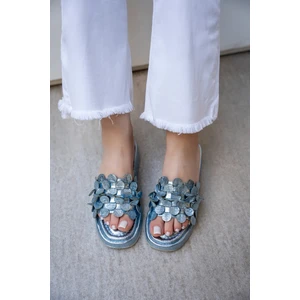 Manje Mavi Püskül Detaylı 4cm Özel Kalın Tabanlı Kadın Terlik