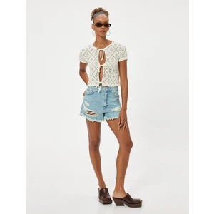 Mini Kot Şort Yıpratılmış Püsküllü Paça Düğmeli