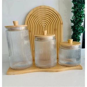 Bambu Kapaklı Vakumlu 3'lü Çizgili Kavanoz SETI(800/1300/1800 Ml)