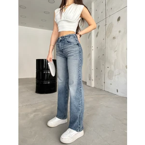 kadın Soluk Efekt Vintage Yüksek Bel Wide Leg Jeans