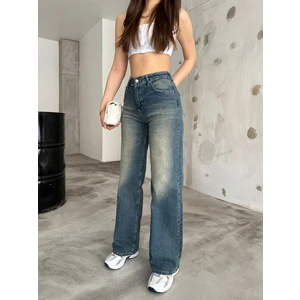 kadın Soluk Efekt Vintage Yüksek Bel Wide Leg Jeans