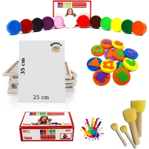 Çocuklar Için 12 Renk Parmak Boyası Baskı Seti + 25X35 cm Tuval (Yıkanabilir) 29 Parça Set