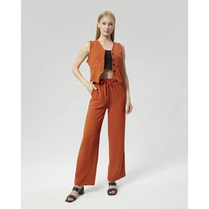 Kadın Keten Kumaş Yelekli Ikili Takım Kiremit