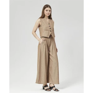 Yeni Sezon Pensli Palazzo Pantolon & Yelek Takım Vizon