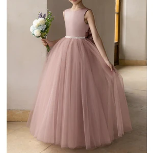 Pudra Incili ve Saten Fiyonklu Tül Balo Elbisesi/prenses Elbise