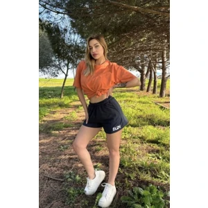 Kadın Beli Lastikli Nakış Lacivert Şort