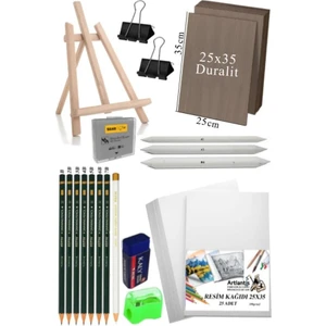 Karakalem Eskiz Çizim Masa Üstü Şövale Duralit Seti 25X35 cm Pastel Dağıtıcı Dereceli Kalem Hamur Silgi Beyaz Kurşun Kalem