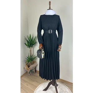 SFG Life Moda Kadın Bisiklet Yaka,kolu Lastikli ve Kemerli Şık Piliseli Keten Elbise