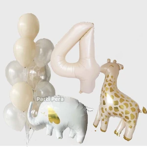 Parti Pera Zürafa Folyo Balon Fil Folyo Balon Bej Rakam Folyo Balon Buketi Seti Doğum Günü Balon Seti