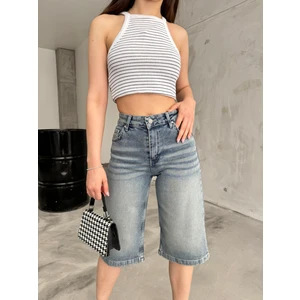 Kadın Yüksek Bel Diz Altı Baggy Bermuda Şort Denim