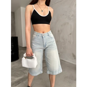 Kadın Yüksek Bel Diz Altı Baggy Bermuda Şort Denim