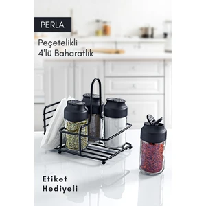 Grimor Life Perla Metal Standlı Peçetelikli 4'lü Çift Kapaklı Cam Baharatlık Seti - Tuzluk Biberlik Peçetelik