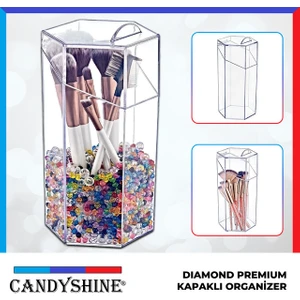Diamond Premium Kapaklı Altıgen Mika Makyaj Fırçası Düzenleyici Organizer Takı Mücevher Kutusu