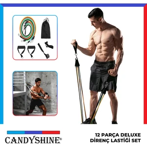 CandyShine 12 Parça Deluxe Profesyonel Direnç Lastiği Seti Latex Premium Kalite Fitness Kondisyon Direnç Lastik