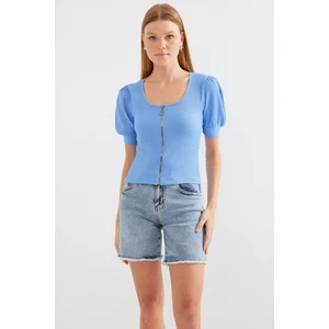 4316 Fermuarlı Örme Bluz - Mavi