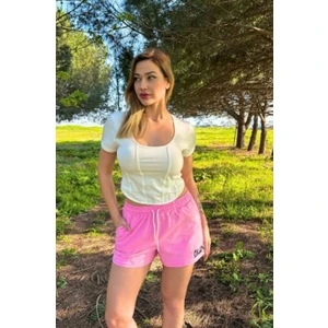 Kadın Beli Lastikli Nakışlı Pembe Şort