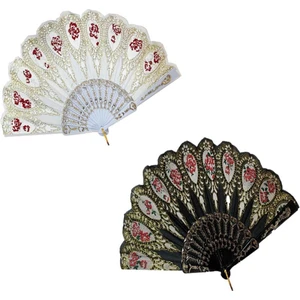 Yelpaze Şık Doğal Serinletici 877-11 Gül Motifli Yelpaze Siyah /beyaz
