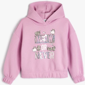 Kapşonlu Sweatshirt Kedi Baskılı Uzun Kollu Pullu Payetli