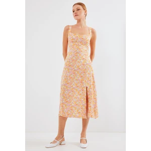 2282 Yırtmaçlı Askılı Viskon Elbise - Turuncu