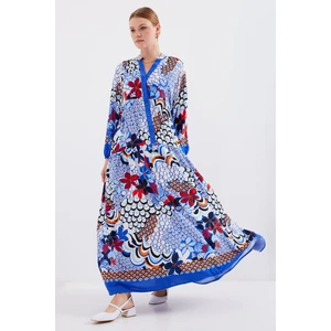 2423 Otantik Desenli Elbise - Y.mavi