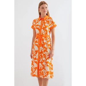2455 Desenli Gömlek Elbise - Turuncu