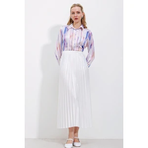 8009 Deri Görünümlü Piliseli Etek - Beyaz