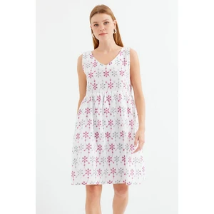 2507 V Yaka Desenli Mini Elbise - Beyaz