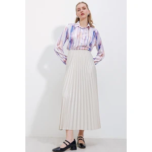 8009 Deri Görünümlü Piliseli Etek - Krem