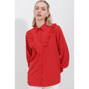 20223 Fırfırlı Uzun Kol Gömlek - Kırmızı