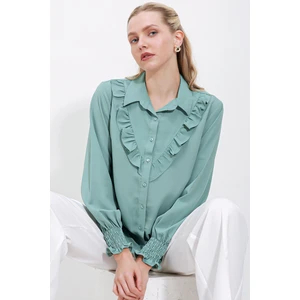 20223 Fırfırlı Uzun Kol Gömlek - Çağla