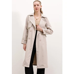 Kruvaze Yaka Bej Trençkot Kadınlar İçin %100 Polyester Şık Tasarım