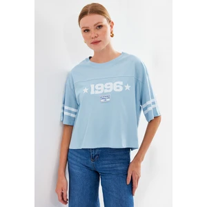 4322 Baskılı Oversize Basic Tişört - Mavi