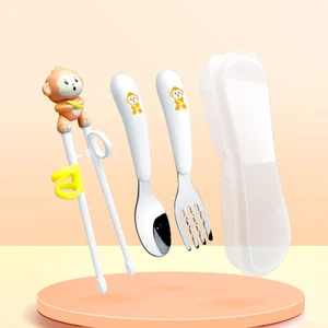 304 Paslanmaz Çelik Maymun Bebek Çocuk Kaşık Çatal ve Chopstick Set CIN771