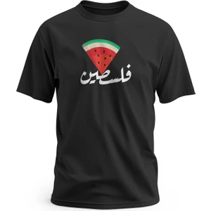 Tişört, Kısa Kollu Arapça Filistin Yazılı Üçgen ve Karpuz Desenli Renkli Baskı